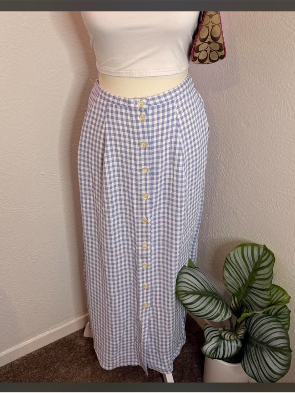 High-Waist Blue Gingham Button-Front Maxi Skirt Bedford Fair Lifestyles